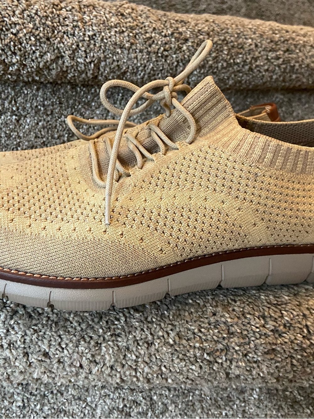 Johnston & Murphy Beige Knit Lace-Up Slip-On Loafer sheepskin memory foam